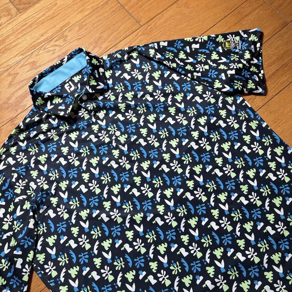 FootJoy Polo Shirt Mens XLarge Black Blue Lime Abstract Jungle Leaves Lisle Golf